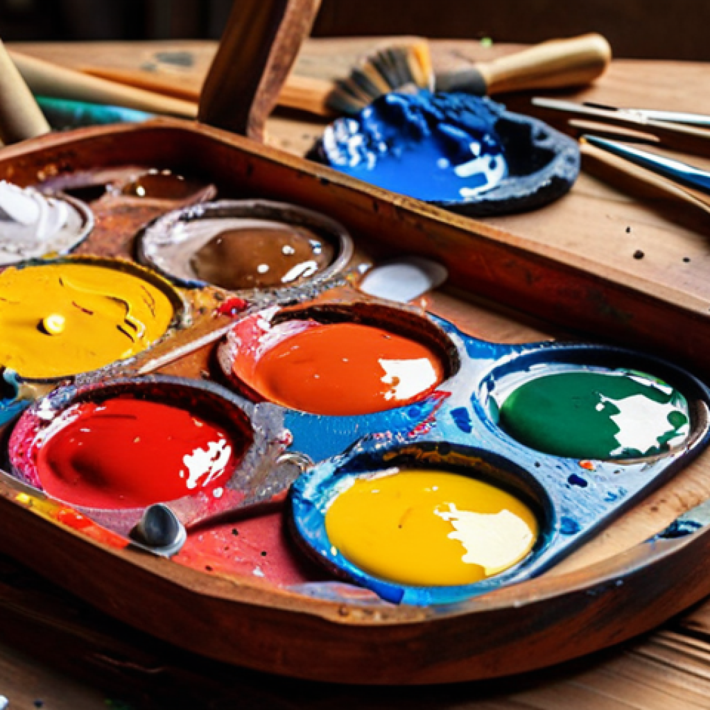 **

Prompt: "Close-up, oil paint palette, vibrant colors, wooden surface, smears of paint, artistic mess, warm lighting, inviting, hints of past projects, professional artist's palette, high detail, natural light, artistic tools"

**