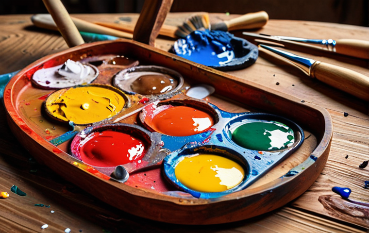**

Prompt: "Close-up, oil paint palette, vibrant colors, wooden surface, smears of paint, artistic mess, warm lighting, inviting, hints of past projects, professional artist's palette, high detail, natural light, artistic tools"

**