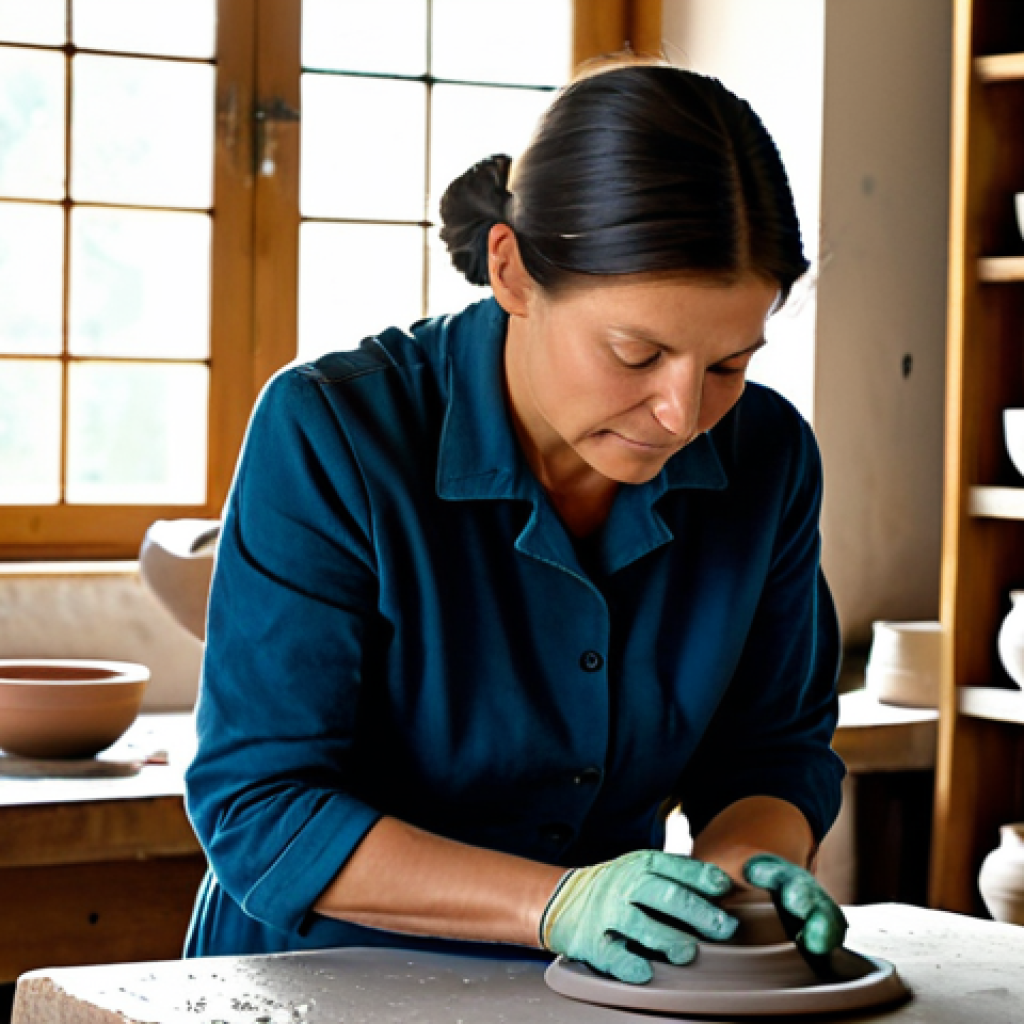 An experienced artisan, fully clothed in modest workshop attire, gracefully molds clay on a pottery wheel in a sunlit Italian ceramic studio. The focus is on her perfectly formed hands, expertly shaping the spinning clay. The background features shelves with beautiful, finished pottery and natural light streaming through a window. The scene evokes a sense of calm concentration and timeless tradition. Professional photography, sharp focus, correct proportions, natural pose, safe for work, appropriate content, family-friendly.