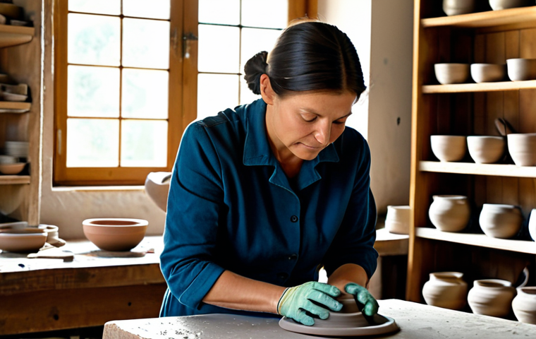An experienced artisan, fully clothed in modest workshop attire, gracefully molds clay on a pottery wheel in a sunlit Italian ceramic studio. The focus is on her perfectly formed hands, expertly shaping the spinning clay. The background features shelves with beautiful, finished pottery and natural light streaming through a window. The scene evokes a sense of calm concentration and timeless tradition. Professional photography, sharp focus, correct proportions, natural pose, safe for work, appropriate content, family-friendly.