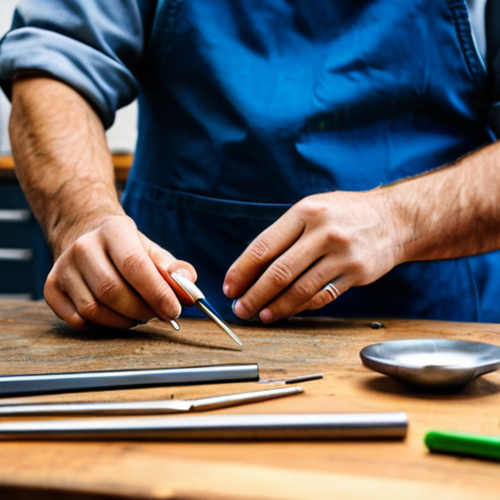 A professional artisan, fully clothed in modest workshop attire, delicately holds and works on a small, intricate artisanal piercing jewel made of anodized titanium. The scene is set in a clean, brightly lit jewelry studio, with various precision tools and raw materials like titanium rods and small, colorful, polished gemstones arranged neatly on a wooden workbench in the background. The focus is on the skilled hands and the detailed craftsmanship, emphasizing the creation process. Perfect anatomy, well-formed hands, correct proportions, natural pose, professional photography, high quality, safe for work, appropriate content, fully clothed, professional dress.