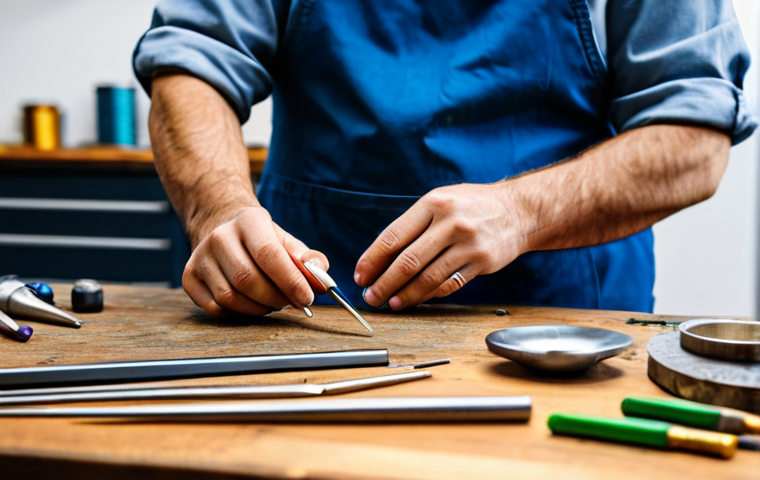 A professional artisan, fully clothed in modest workshop attire, delicately holds and works on a small, intricate artisanal piercing jewel made of anodized titanium. The scene is set in a clean, brightly lit jewelry studio, with various precision tools and raw materials like titanium rods and small, colorful, polished gemstones arranged neatly on a wooden workbench in the background. The focus is on the skilled hands and the detailed craftsmanship, emphasizing the creation process. Perfect anatomy, well-formed hands, correct proportions, natural pose, professional photography, high quality, safe for work, appropriate content, fully clothed, professional dress.