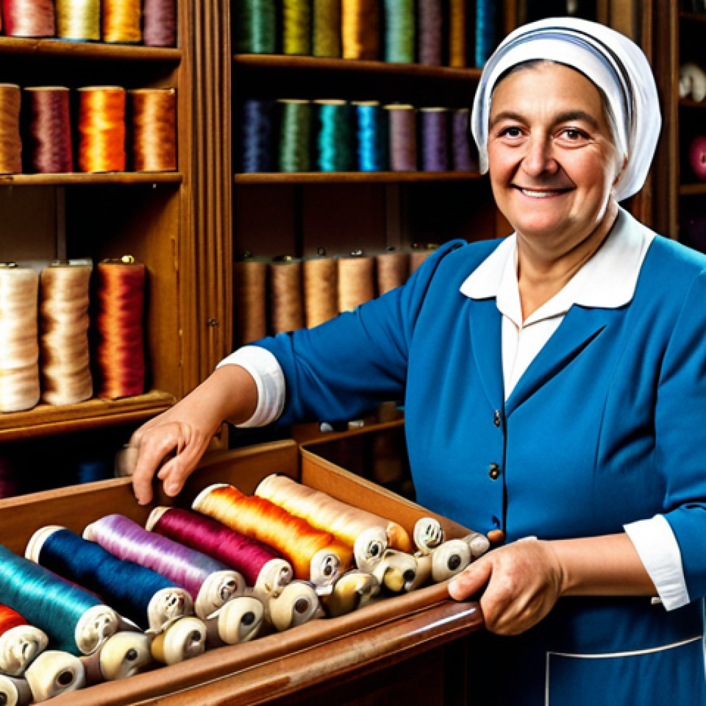 A warm, inviting scene inside a historic Italian haberdashery shop. An adult female shop owner, wearing modest, professional dress, stands behind a wooden counter, holding a skein of colorful silk thread. Shelves brimming with neatly organized spools of yarn, vintage buttons, and rolls of exquisite fabric fill the background. The natural light from a nearby window illuminates dust motes in the air, creating a nostalgic atmosphere. The image emphasizes the rich textures and vibrant colors of the materials. Full body shot, perfect anatomy, well-formed hands, correct proportions, natural pose, professional photography, high quality, safe for work, appropriate content, fully clothed, modest, family-friendly.