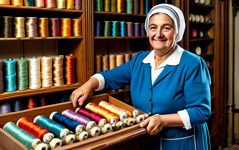 A warm, inviting scene inside a historic Italian haberdashery shop. An adult female shop owner, wearing modest, professional dress, stands behind a wooden counter, holding a skein of colorful silk thread. Shelves brimming with neatly organized spools of yarn, vintage buttons, and rolls of exquisite fabric fill the background. The natural light from a nearby window illuminates dust motes in the air, creating a nostalgic atmosphere. The image emphasizes the rich textures and vibrant colors of the materials. Full body shot, perfect anatomy, well-formed hands, correct proportions, natural pose, professional photography, high quality, safe for work, appropriate content, fully clothed, modest, family-friendly.