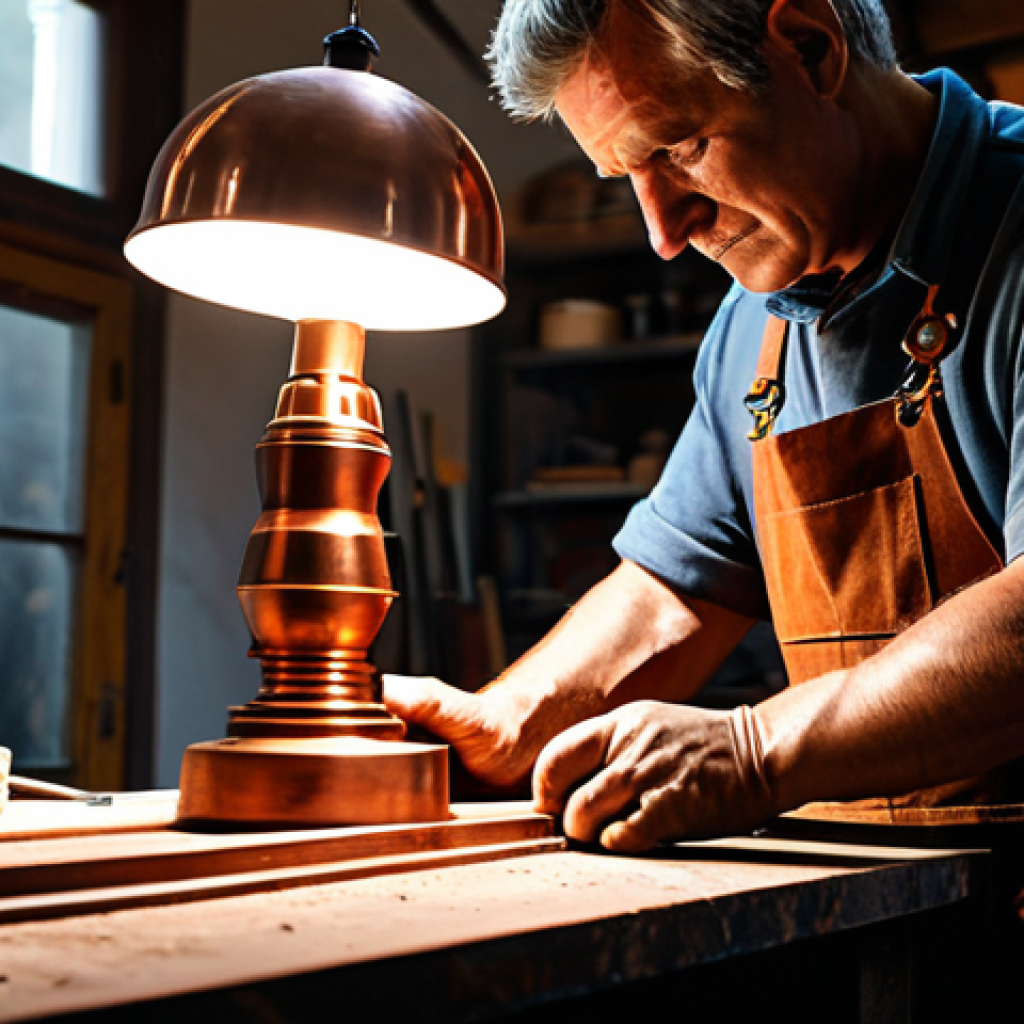 A master artisan, fully clothed in professional, modest workshop attire, deeply focused on meticulously shaping a unique, handcrafted copper lamp within a rustic Italian studio. Close-up on the skilled, well-formed hands, demonstrating intricate metalwork techniques. The background shows an organized workspace with traditional tools and raw materials, illuminated by soft, natural light, emphasizing the dedication and authenticity of the craft. Perfect anatomy, correct proportions, natural pose, professional photography, high quality, safe for work, appropriate content, family-friendly.