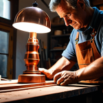 Home 9 A master artisan, fully clothed in professional, modest workshop attire, deeply focused on meticulously shaping a unique, handcrafted copper lamp within a rustic Italian studio. Close-up on the skilled, well-formed hands, demonstrating intricate metalwork techniques. The background shows an organized workspace with traditional tools and raw materials, illuminated by soft, natural light, emphasizing the dedication and authenticity of the craft. Perfect anatomy, correct proportions, natural pose, professional photography, high quality, safe for work, appropriate content, family-friendly.