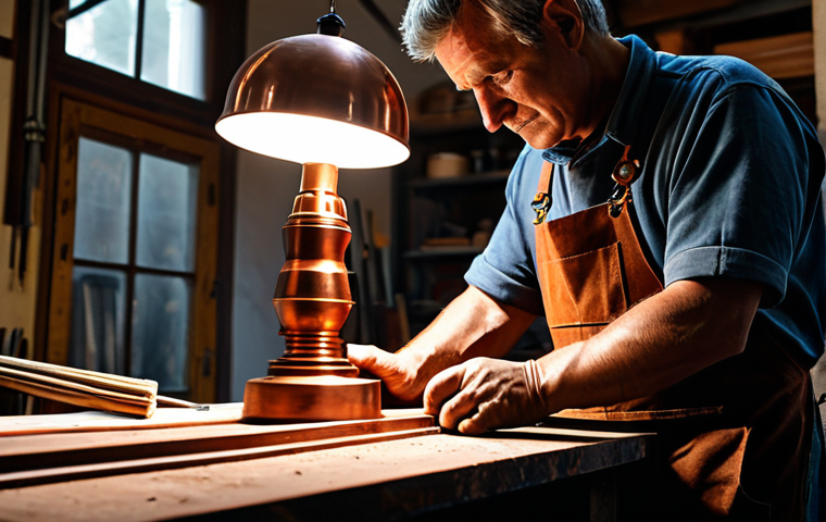 A master artisan, fully clothed in professional, modest workshop attire, deeply focused on meticulously shaping a unique, handcrafted copper lamp within a rustic Italian studio. Close-up on the skilled, well-formed hands, demonstrating intricate metalwork techniques. The background shows an organized workspace with traditional tools and raw materials, illuminated by soft, natural light, emphasizing the dedication and authenticity of the craft. Perfect anatomy, correct proportions, natural pose, professional photography, high quality, safe for work, appropriate content, family-friendly.