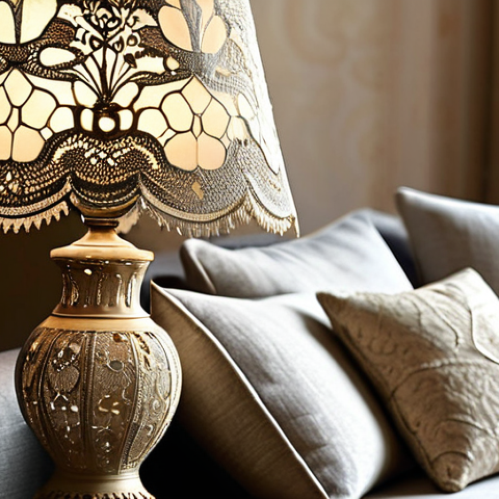 Lace-Adorned Interior**

A cozy and stylish living room in a modern Italian apartment. Focus on a vintage lampshade adorned with antique lace, casting a warm, inviting light. Include cushions with delicate lace inserts on a sofa upholstered in a natural linen fabric. Soft, diffused light, highlighting the intricate details of the lace. Safe for work, appropriate content, fully clothed, modest, professional photography, perfect anatomy, natural proportions.

**