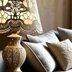 Home 8 Lace-Adorned Interior**
A cozy and stylish living room in a modern Italian apartment. Focus on a vintage lampshade adorned with antique lace, casting a warm, inviting light. Include cushions with delicate lace inserts on a sofa upholstered in a natural linen fabric. Soft, diffused light, highlighting the intricate details of the lace. Safe for work, appropriate content, fully clothed, modest, professional photography, perfect anatomy, natural proportions.
**