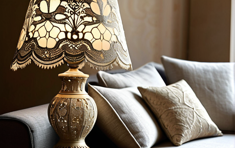 Lace-Adorned Interior**

A cozy and stylish living room in a modern Italian apartment. Focus on a vintage lampshade adorned with antique lace, casting a warm, inviting light. Include cushions with delicate lace inserts on a sofa upholstered in a natural linen fabric. Soft, diffused light, highlighting the intricate details of the lace. Safe for work, appropriate content, fully clothed, modest, professional photography, perfect anatomy, natural proportions.

**