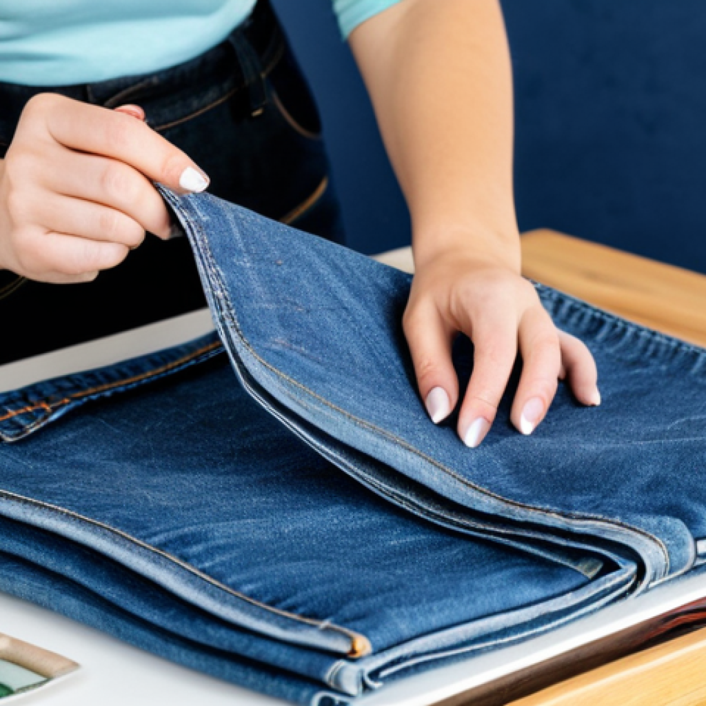 **Subject:** A woman crafting a denim tote bag. **Clothing:** Casual, modest clothing, jeans and a t-shirt. **Environment:** Bright, organized sewing room with various fabrics and tools. **Quality Modifiers:** Professional photography, perfect anatomy, natural pose, well-formed hands. **Safety:** Safe for work, appropriate content, fully clothed, professional.