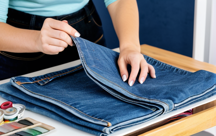 **Subject:** A woman crafting a denim tote bag. **Clothing:** Casual, modest clothing, jeans and a t-shirt. **Environment:** Bright, organized sewing room with various fabrics and tools. **Quality Modifiers:** Professional photography, perfect anatomy, natural pose, well-formed hands. **Safety:** Safe for work, appropriate content, fully clothed, professional.