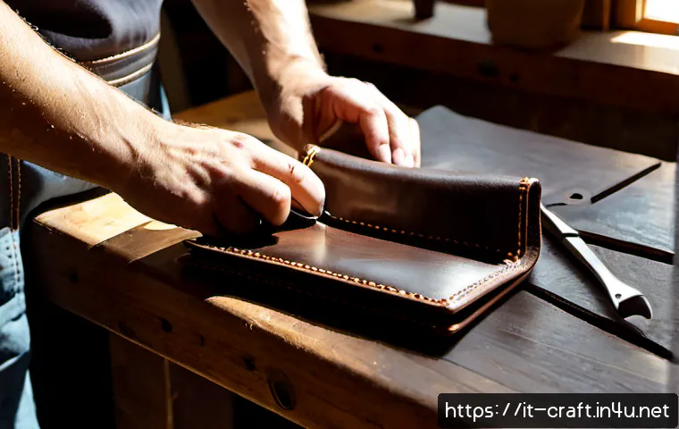 Home 9 수공예 가죽 제품 만들기 - Photorealistic Italian artisan crafting a handmade leather wallet at a sunlit wooden workbench, adul...