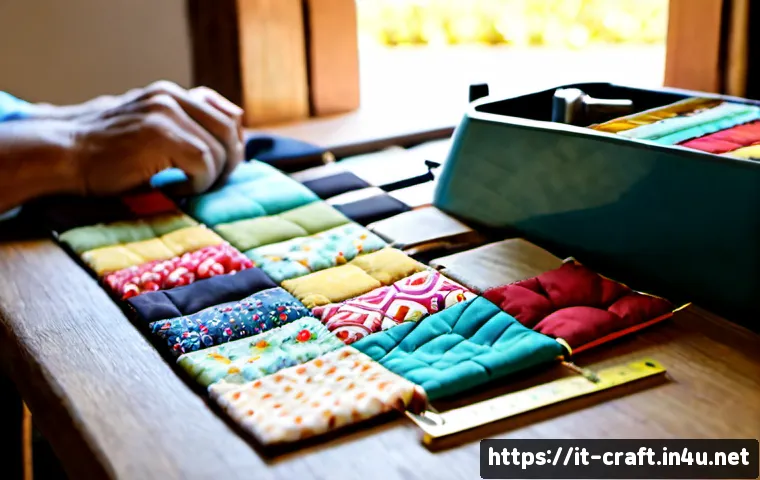 Home 11 수공예 퀼트 만들기 - Photorealistic close-up of an Italian craft enthusiast’s hands assembling a colorful patchwork quilt...