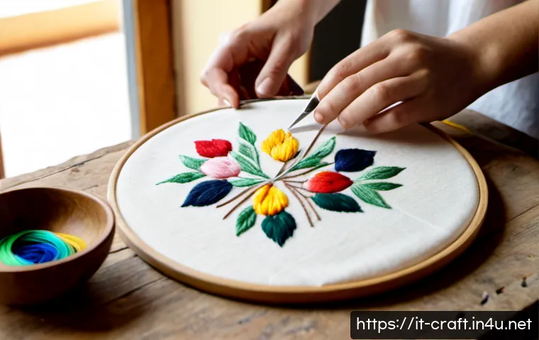 수공예 패턴 디자인 - Photorealistic close-up of an Italian artisan designing a handmade floral embroidery pattern on plai...