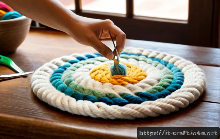 수공예 코스터 만들기 - Photorealistic close-up of an Italian home craft table where adult hands weave a round coaster from ...