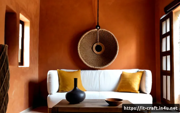 수공예 인테리어 디자인 - Photorealistic Italian artisan living room with handcrafted interior design, a warm terracotta accen...